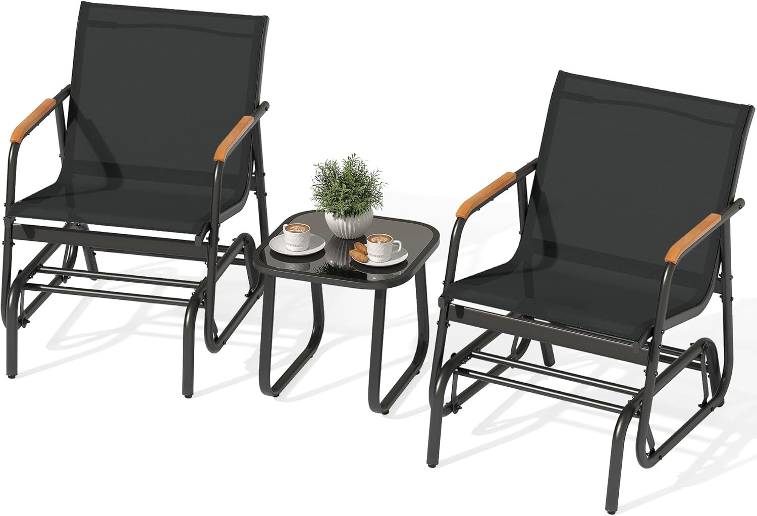 3 Piece Patio Furniture Set, Outdoor Glider Chair Bistro Set, Coffee Table with